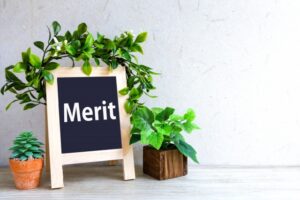 meritと書かれた黒板と観葉植物